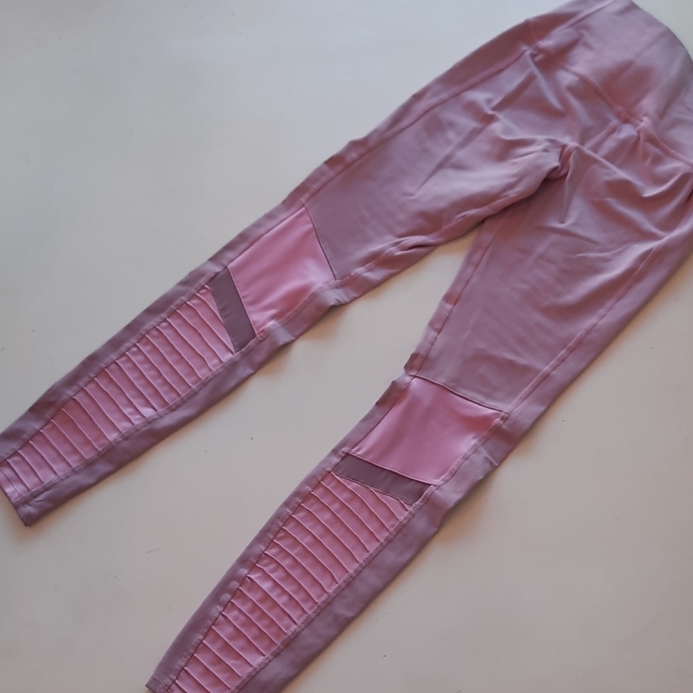 Alo Yoga High Waist Moto Leggings Pink Lavender Ribbed Mesh Panel Pants XS - Picture 6 of 15